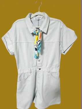 Zara Light Blue Shimmer Collared Top with Multicolor Accent